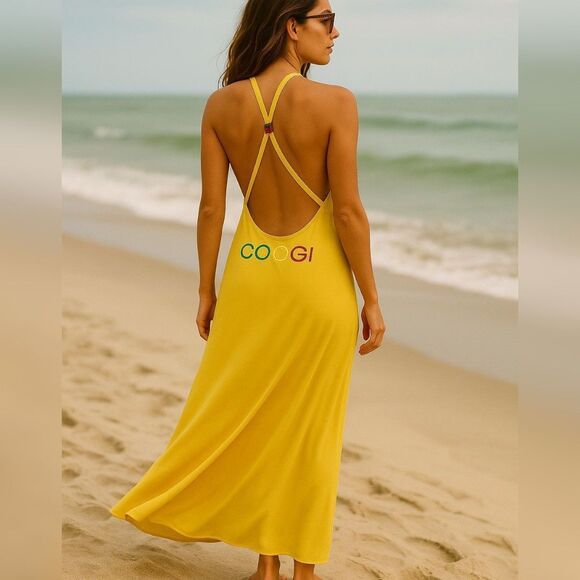 NWT Coogi Womens Plus 3X Yellow Halter Maxi Swim Cover Up Dress Plunge Backless - Picture 2 of 14